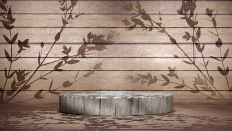podio de madera vacío en un fondo de madera rústica con sombras de plantas