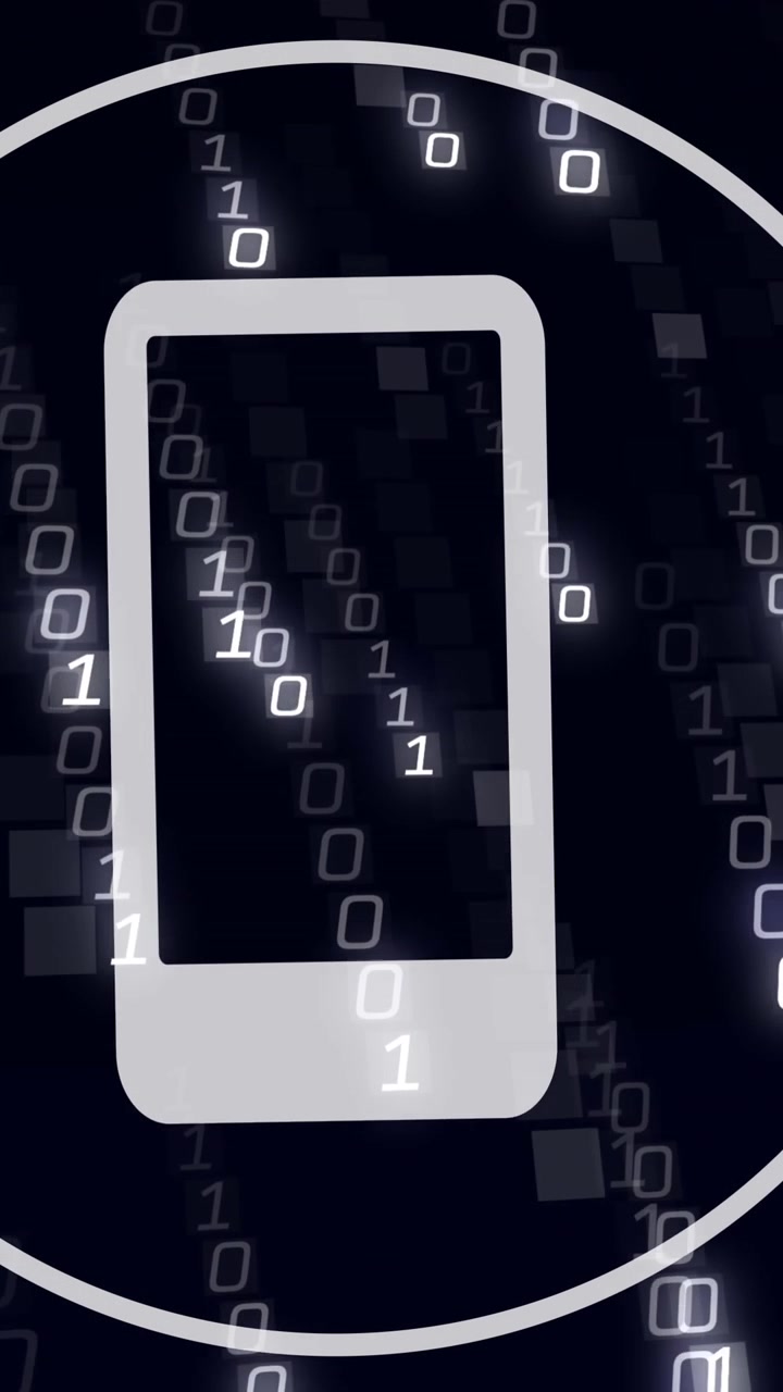 Animazione di un'icona di smartphone digitale, codifica binaria ed elaborazione dati