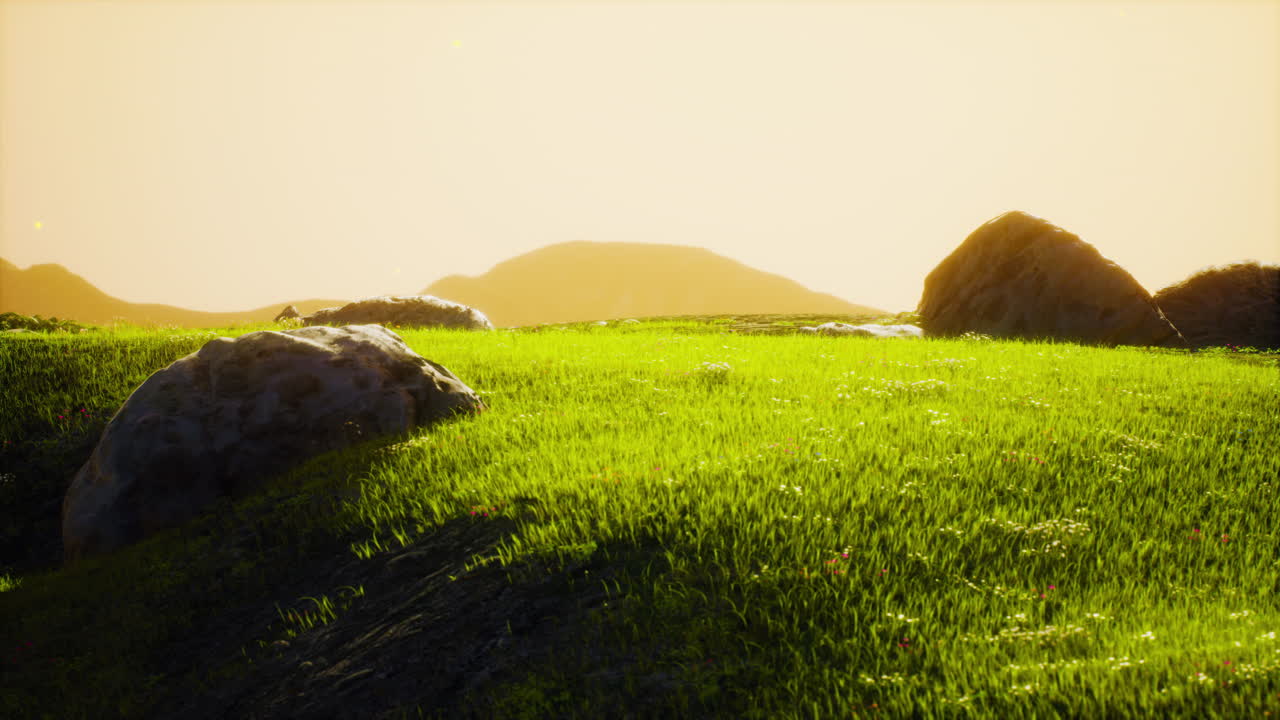 해가 뜨는 동안 초록색 산 계곡