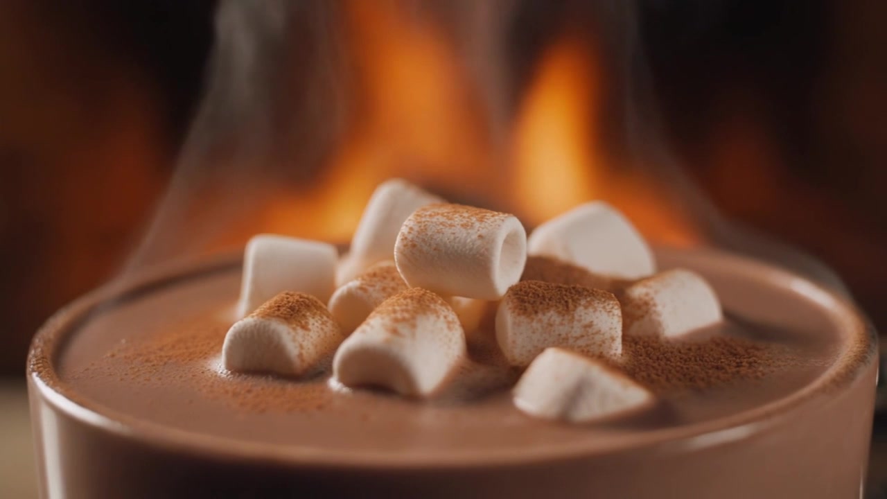 Cioccolata calda fumante con marshmallow accanto a un accogliente caminetto