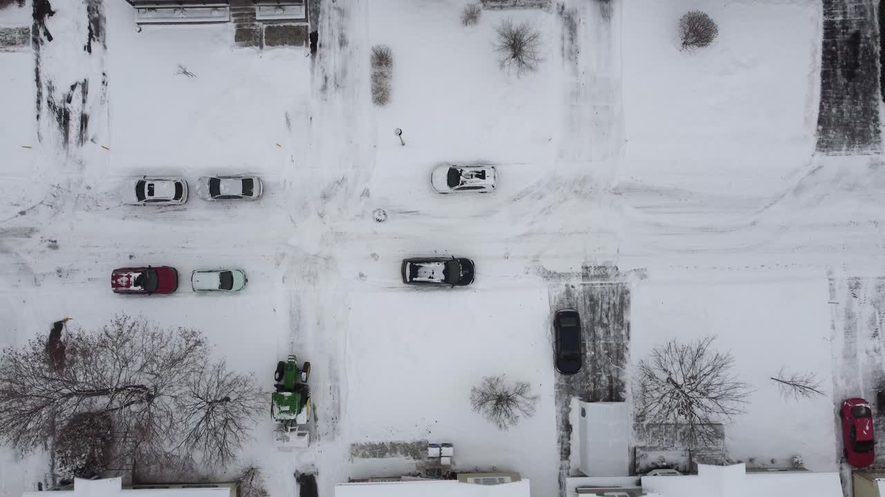 Aerial shot of a snow-covered residential area in St-Constant