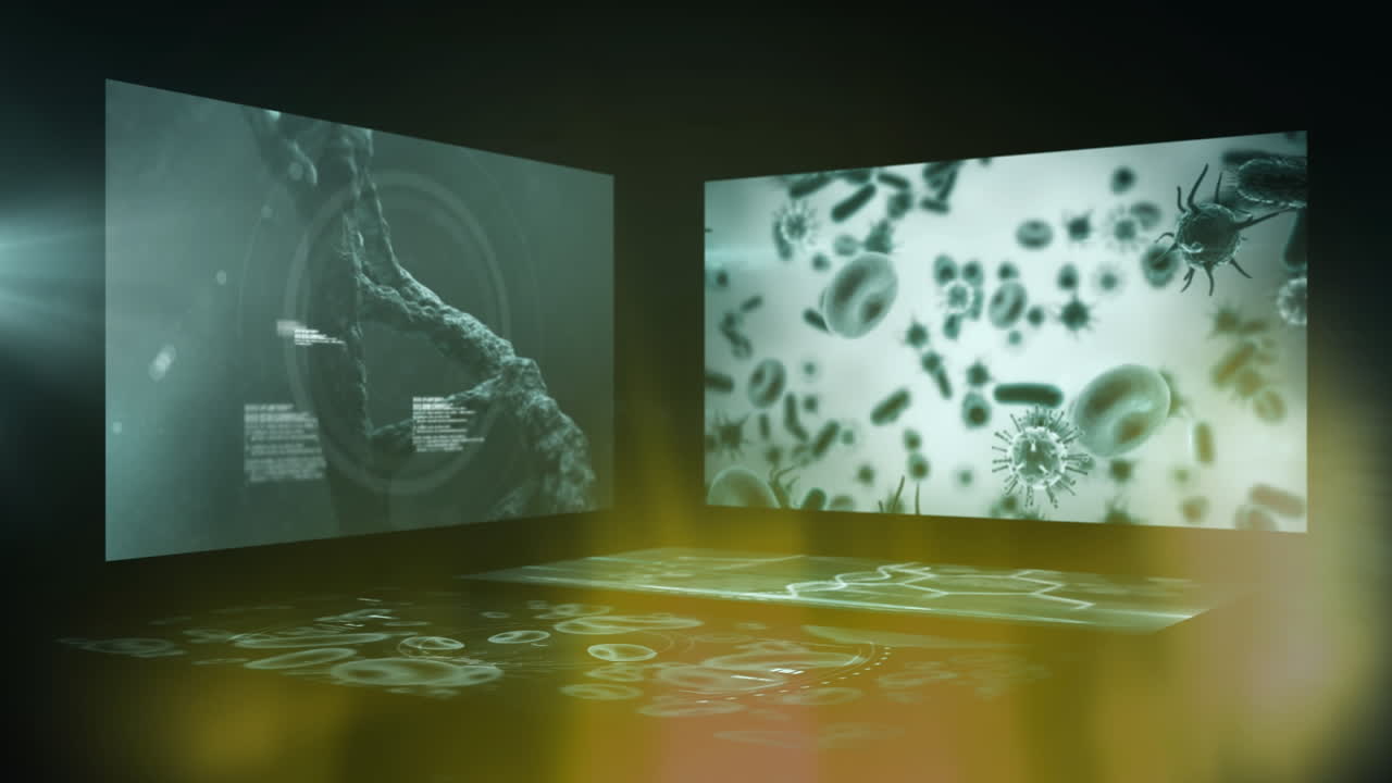 Animazione di linguaggio informatico, elica del DNA, cellule sanguigne infette, strutture molecolari