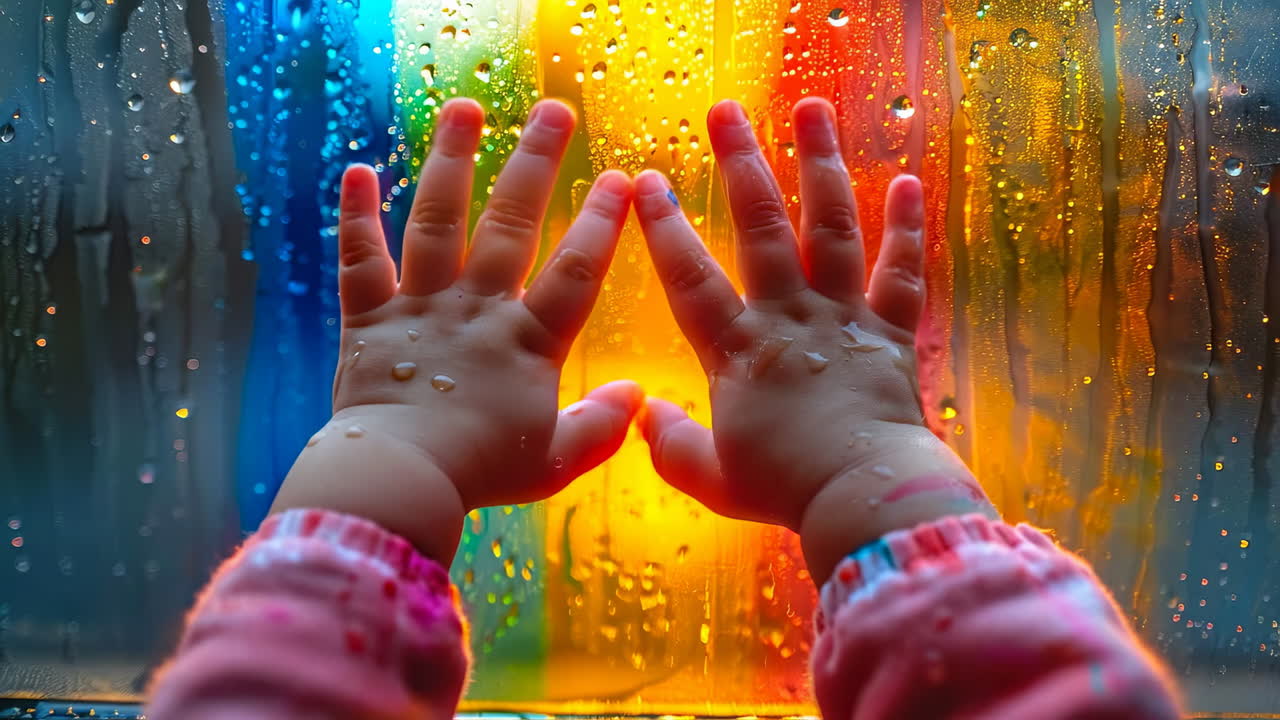 Child's hands on a colorful rainy window. A child's hands press against a window covered in rain, creating bright colors with water droplets in the background