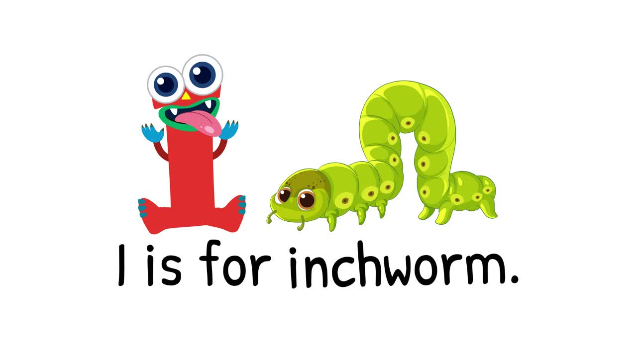 Playful animation of the letter I interacting with a cartoon inchworm, highlighting alphabet learning with vibrant colors and simple movements