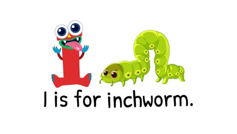 playful animation of the letter i interacting with a cartoon inchworm, highlighting alphabet learning with vibrant colors and simple movements