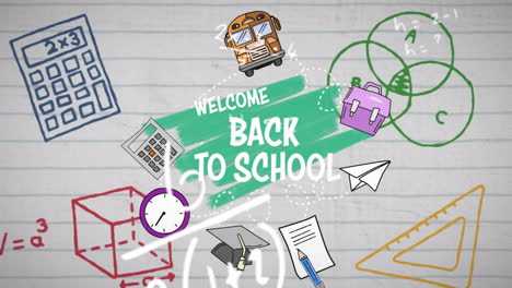 animation of welcome back school text and colorful icons on white background