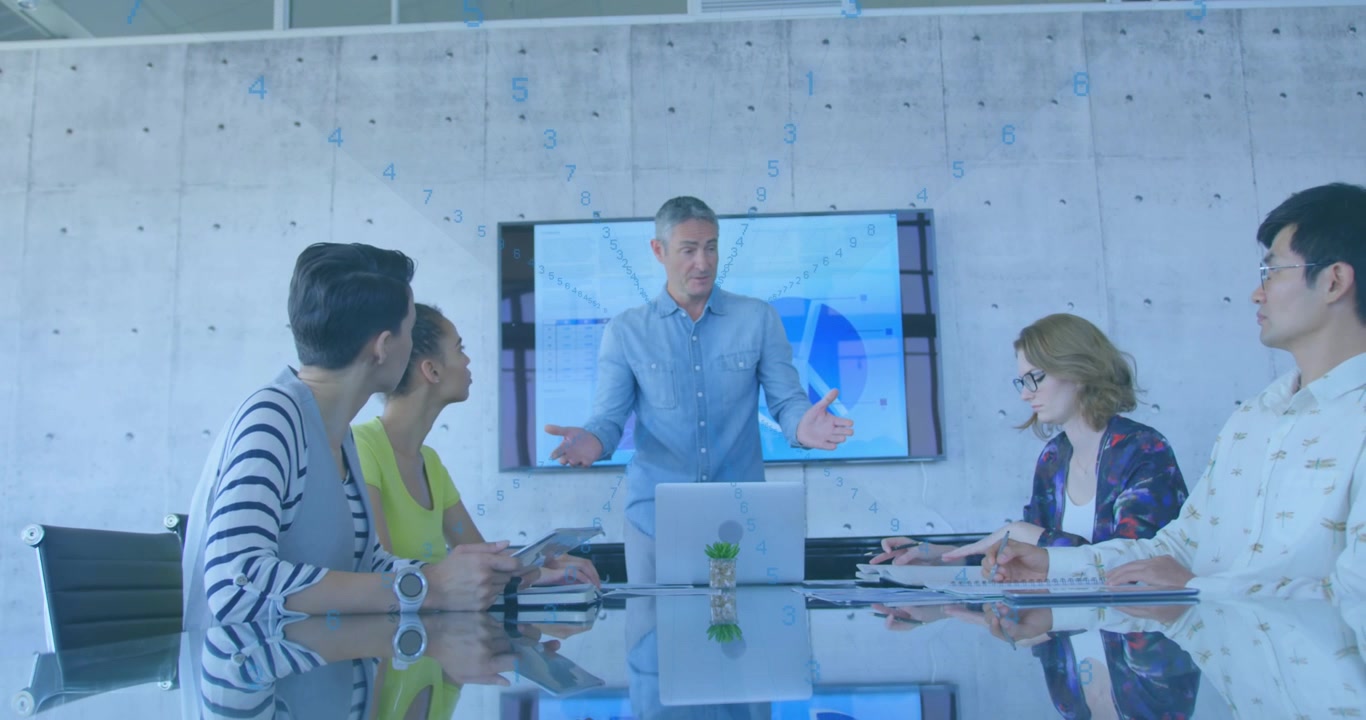 Animation of rows of changing numbers over caucasian senior man giving a presentation at office