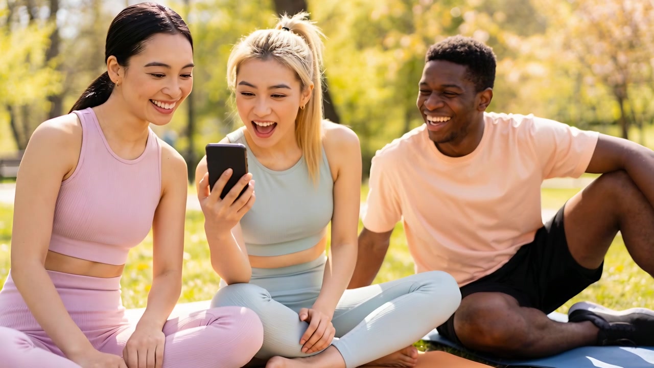 Donna al centro che tiene uno smartphone, amiche in abbigliamento sportivo che ridono, guardando un video su tappetini al parco.