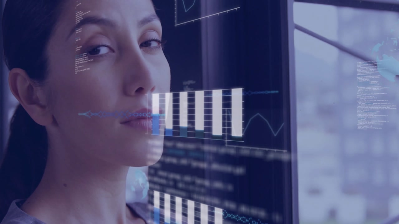 Woman standing beside glass triggers holographic data visuals emerging and analyzing market trends
