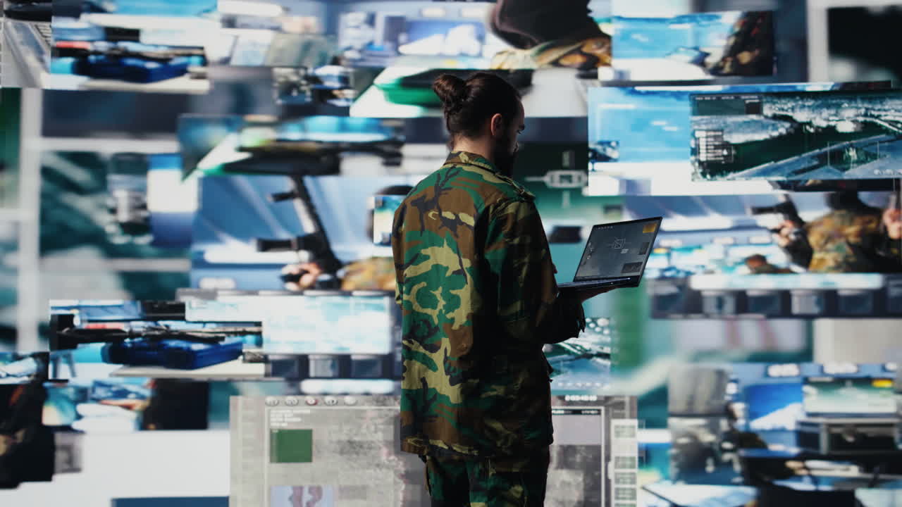 Military officer reviews data from surveillance and works on tactical operations