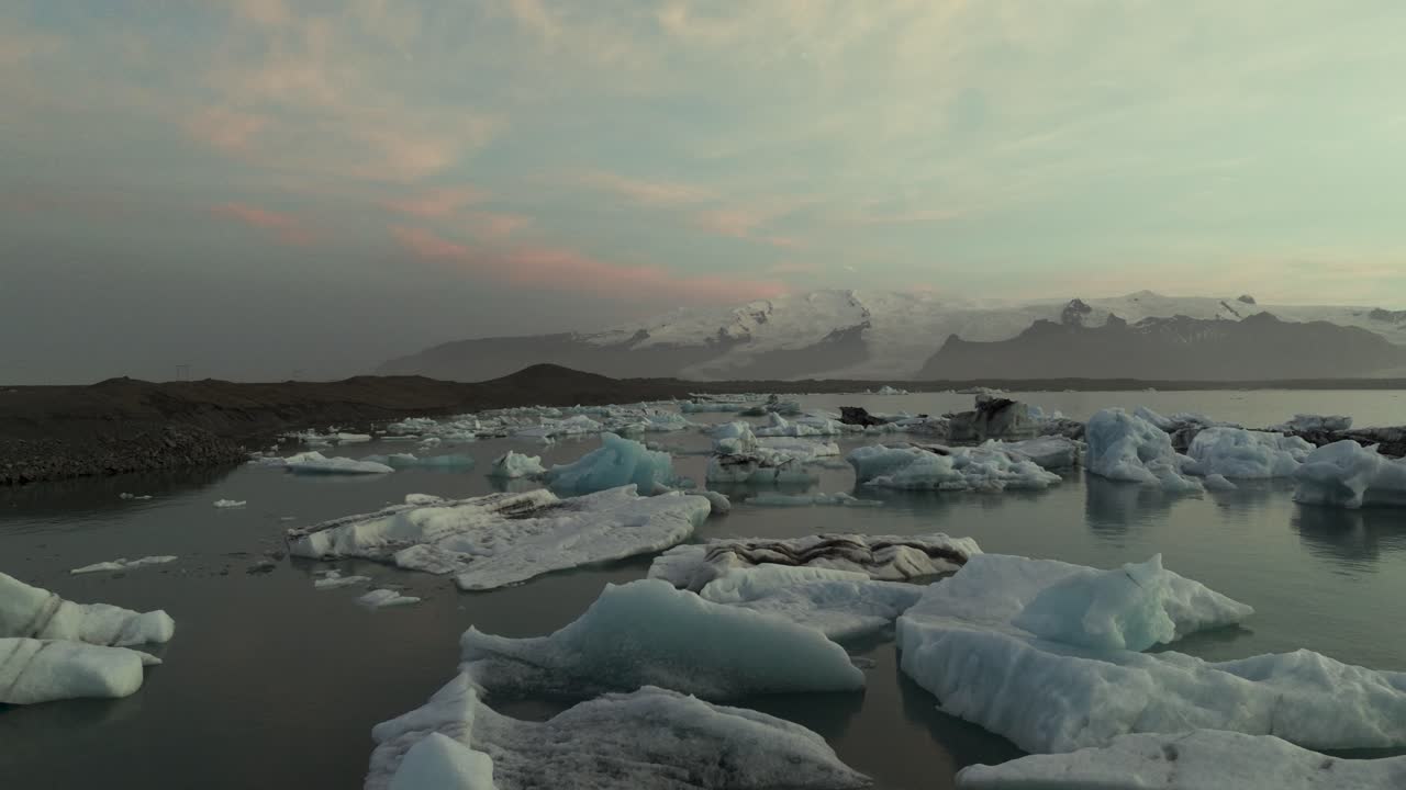 Floating Glacier Icebergs in Serene, Beautiful Iceland Landscape, Aerial
