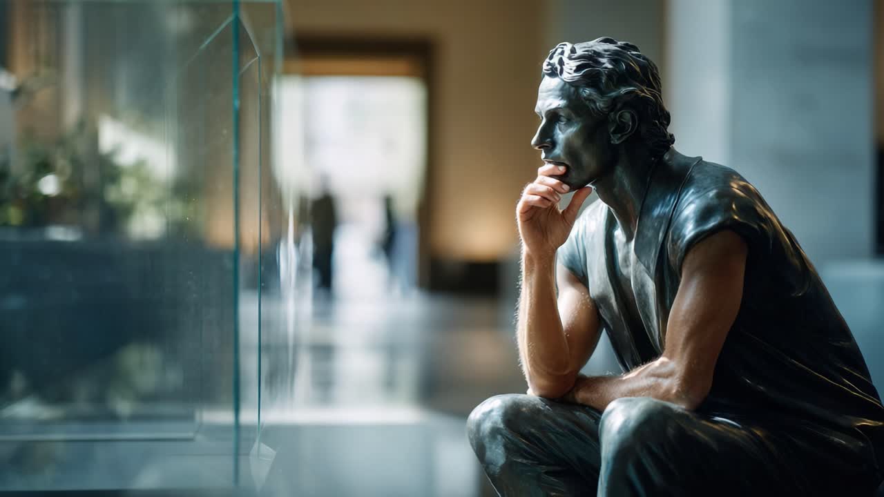 Contemplative Bronze Sculpture in Modern Museum Setting Inspires Reflection on Art and Life's Deep Questions Through Subtle Details and Sophisticated Atmosphere