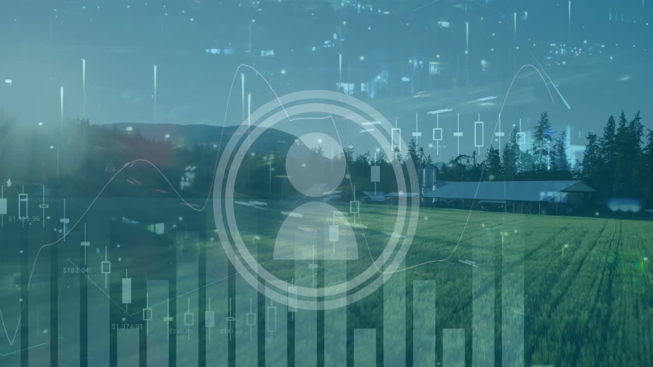 Large translucent profile icon floating over farmland, displaying candlestick charts and bar graphs