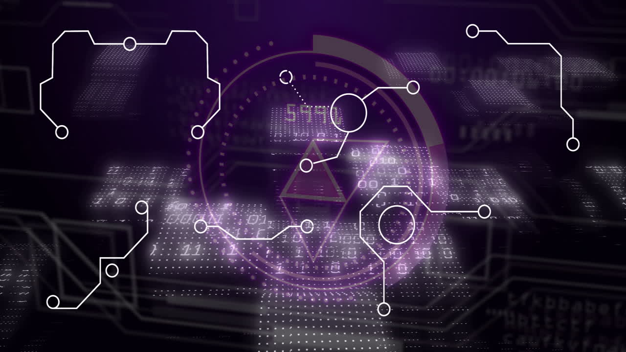 Processing data in digital network, futuristic purple interface with animation