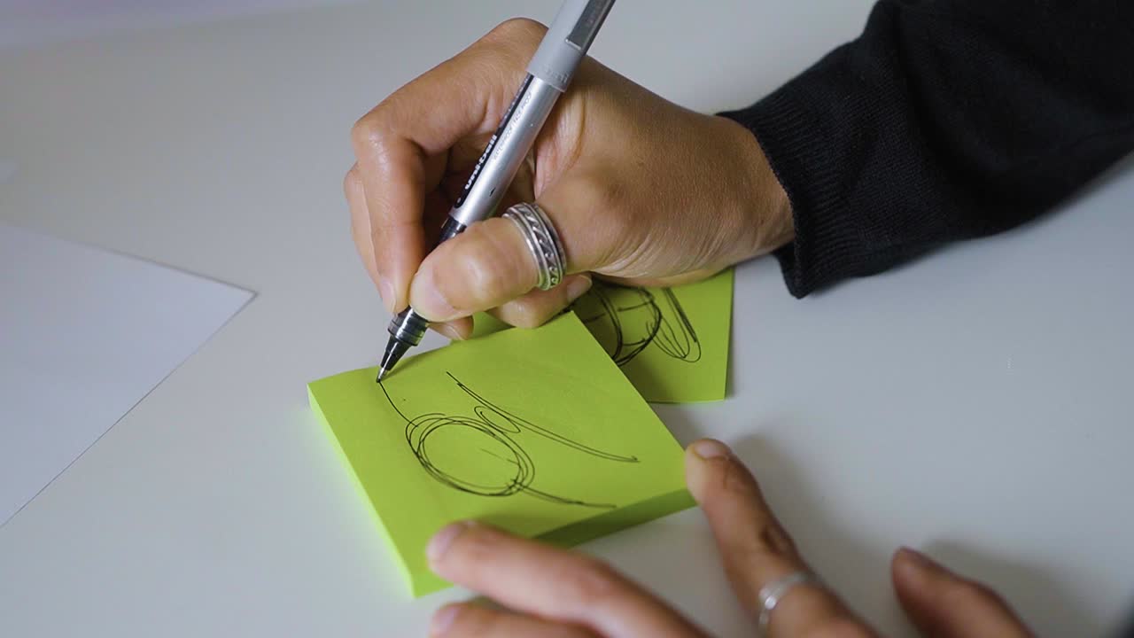 Un professionista aziendale disegna e schizza un diagramma su un post-it