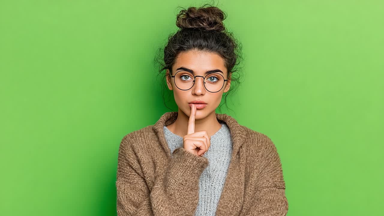 A Thoughtful Young Woman with Glasses Posing Against a Green Background, Emphasizing a Mysterious and Contemplative Atmosphere with Whimsical Expressions