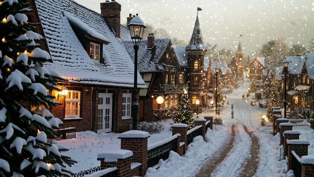 Aerial view of a snow-covered, festive village with twinkling lights, capturing a cozy holiday