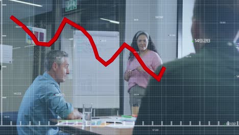 animation of statistical data processing over biracial woman giving a presentation at office