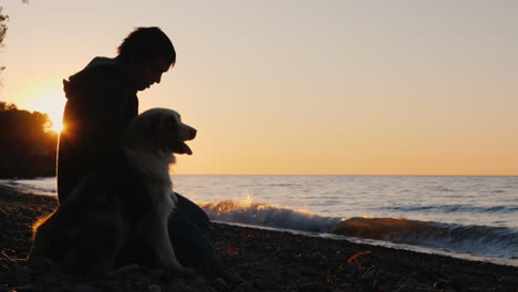 Hombre-Y-Perro-Bu-Un-Lago-Al-Atardecer