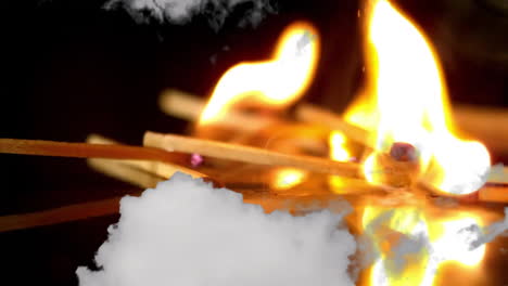 burning matchsticks animation with white smoke and flames