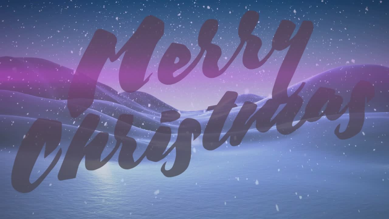 Snowfall initiating text fade, forming Merry Christmas on snowy hills, flares illuminating greeting