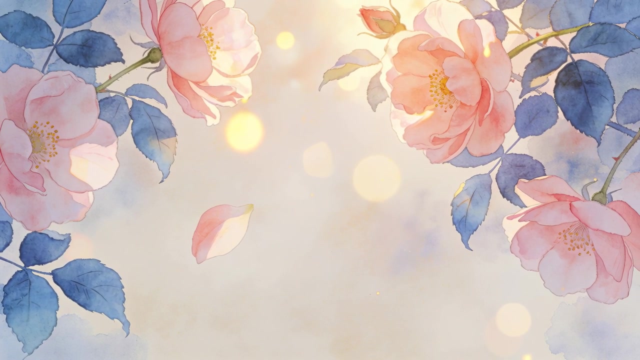 Pétalas e rosas em aquarela rosa flutuando, brisa levantando folhas azul-esverdeadas sobre um fundo bege, com efeito bokeh.