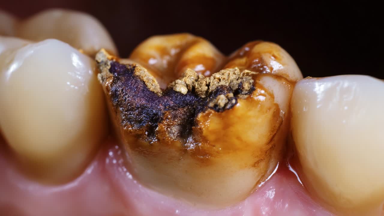 Close-Up View of a Decayed Tooth Surface Showing Cavitation and Plaque Accumulation, Highlighting the Need for Dental Care and Oral Hygiene Practices to Prevent Further Deterioration of Dental Health