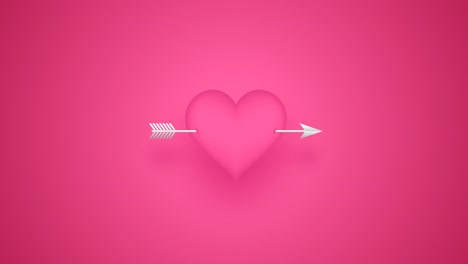 3d corazón rosado día de san valentín con sombra y flecha plateada aparecen desde el centro de la animación de bucle 4k en fondo de gradiente rosado
