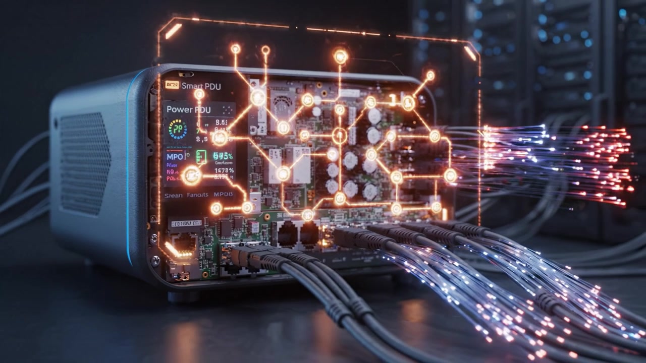Advanced Power Distribution Unit (PDU) with Dynamic Network Topology Visualization showcasing connections, functionality, and smart capabilities for data centers and IT infrastructure.