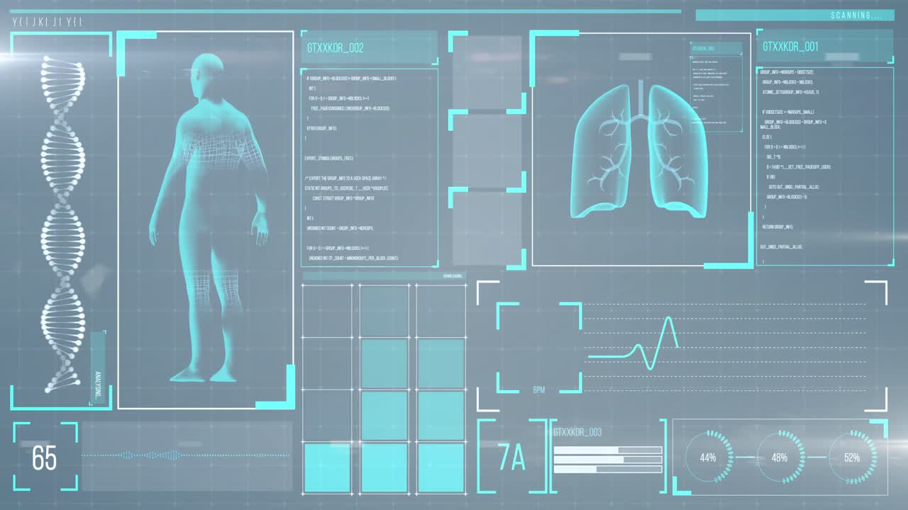 Animation of the human body analyzed on a screen, lungs and heart beat analyzed, medical information