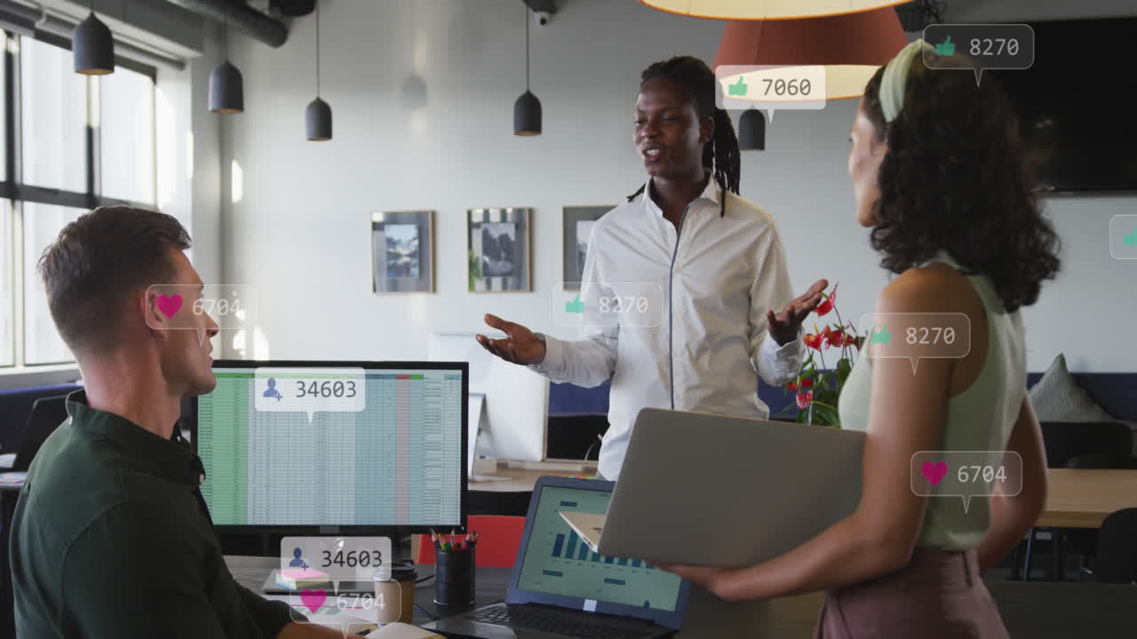 Animation of numbers and icon in notification bars, diverse coworkers talking in office