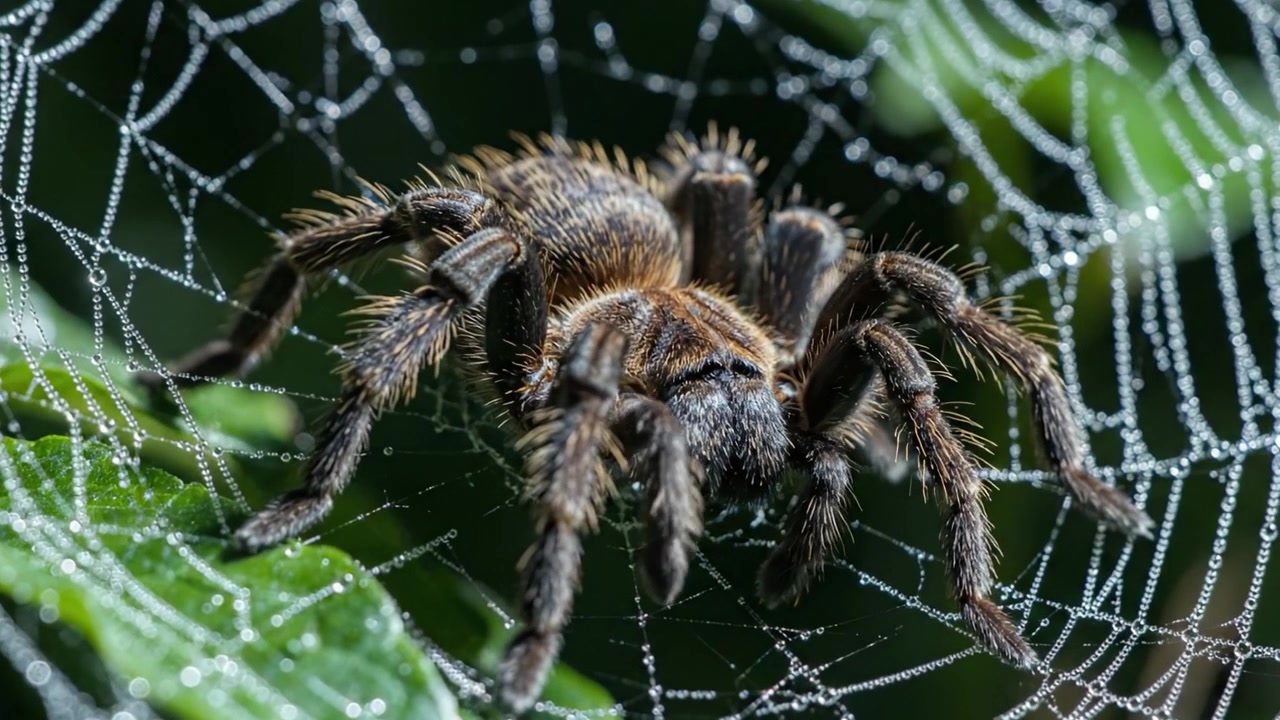 Nærbilde av en tarantell fanget i et intrikat nett, som viser dens detaljerte trekk og skjønnheten i naturens design.