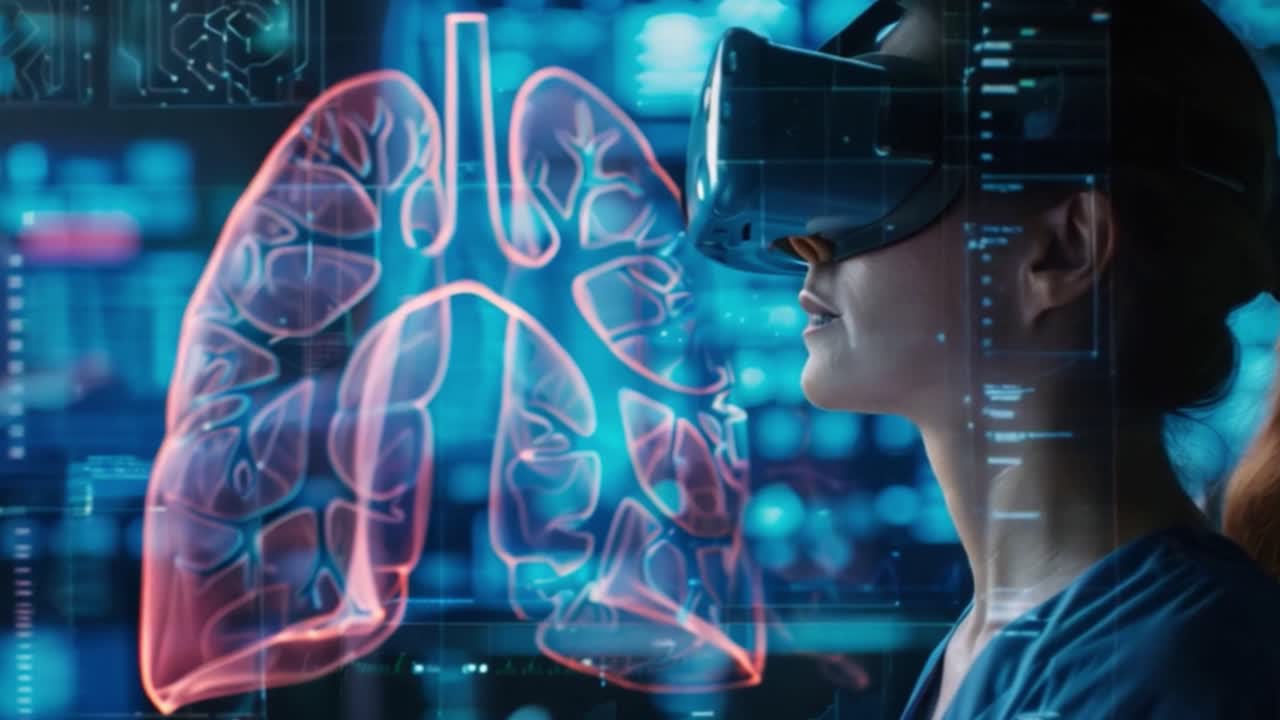 Woman using VR headset to view holographic human lungs