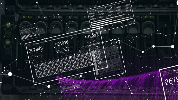 Animation of interface with data processing and network of connections against computer server