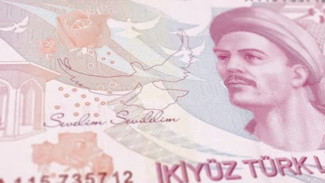 turkish lira 200 lira banknotes, two hundred turkish lira, close-up and macro view of the turkish lira, tracking and dolly shots 200 turkish lira banknote observe and reserve side, turkish money currency background, loopable moving image