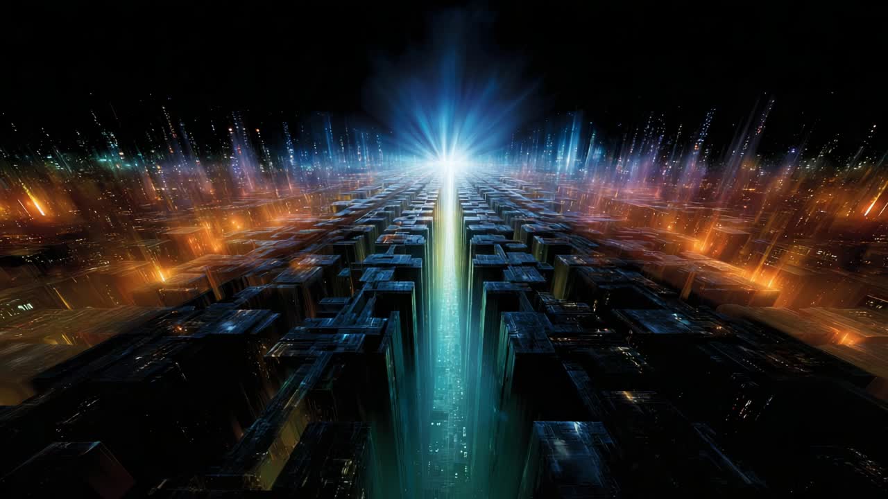 A Stunning Visual Journey Through an Abstract Futuristic Cityscape: Glimmering Lights and Geometric Patterns Illuminate an Infinite Perspective Leading Towards a Radiant Core of Energy