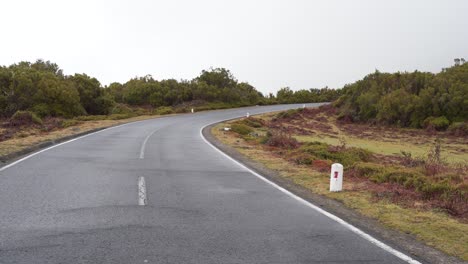 vista de una carretera en las montañas de la isla de madeira durante el invierno, la niebla cubre una sección de la carretera