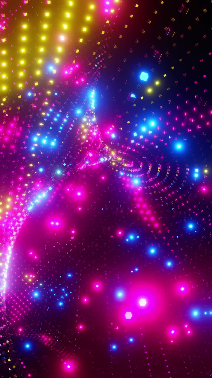 A colorful, neon-lit display of lights and shapes creates a visually striking scene. Vertical looped animation
