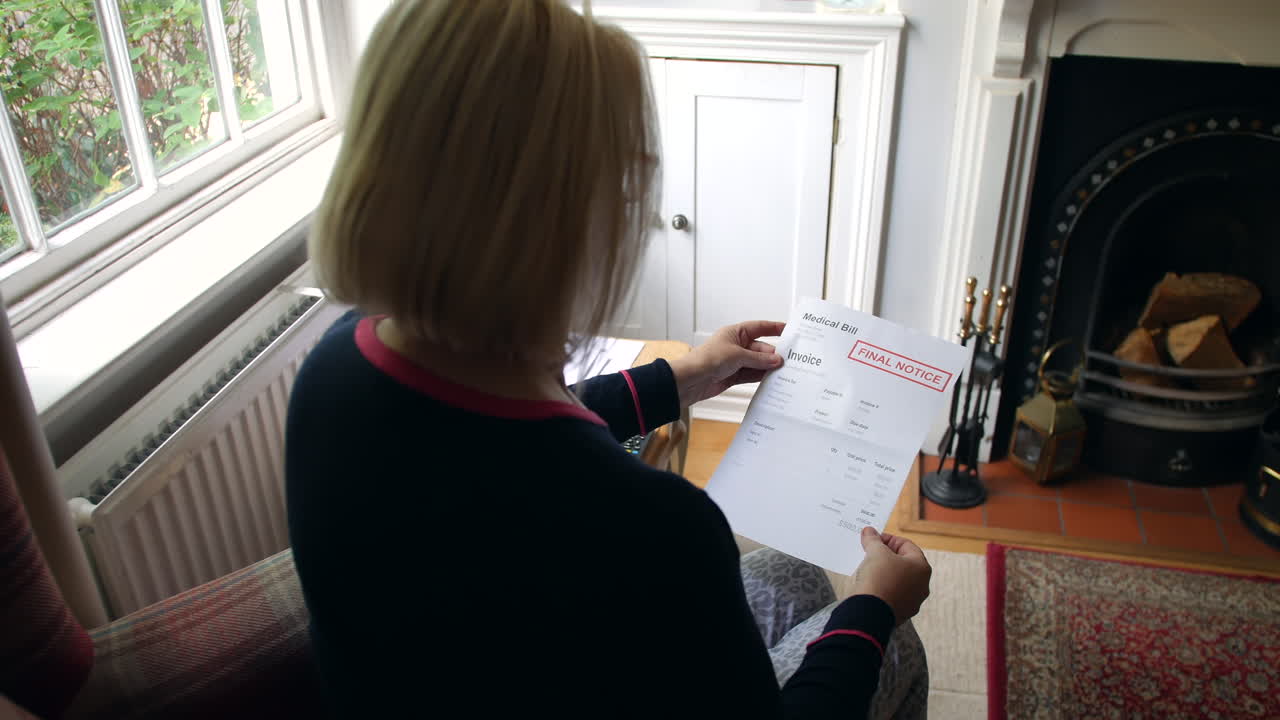 una anciana irreconocible preocupada por las deudas abriendo una carta de deuda