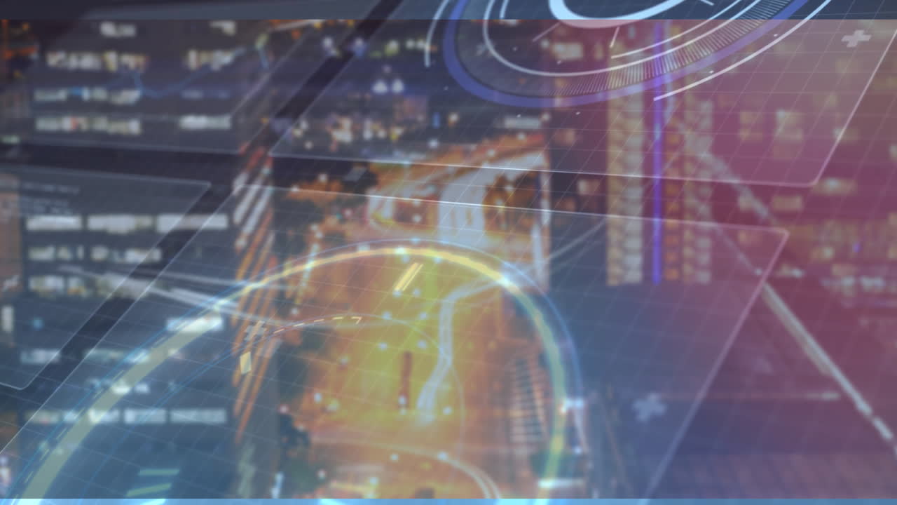 Digital HUD overlay animating over night cityscape with glowing circles, grid lines and plus icons