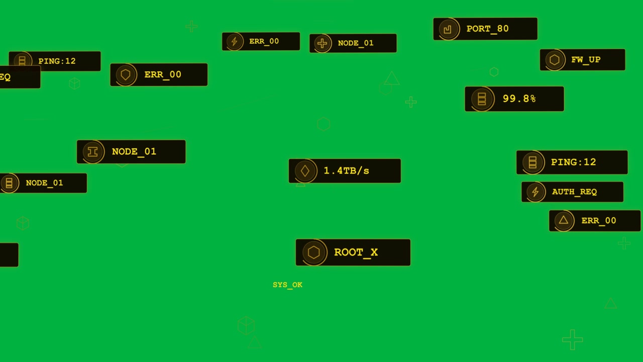 Video verticale: Animazione di badge che appaiono su HUD di rete formando una mappa centrale mentre monitorano ROOT_X