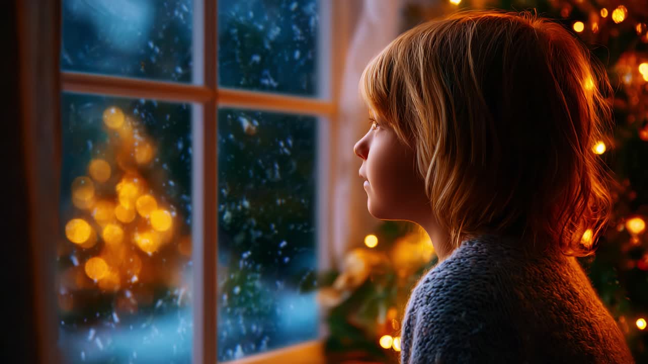 A Young Child Gazes Out the Window at Falling Snow, Surrounded by Glittering Holiday Lights, Capturing a Magical Winter Atmosphere and the Spirit of Anticipation for Festive Joys Ahead
