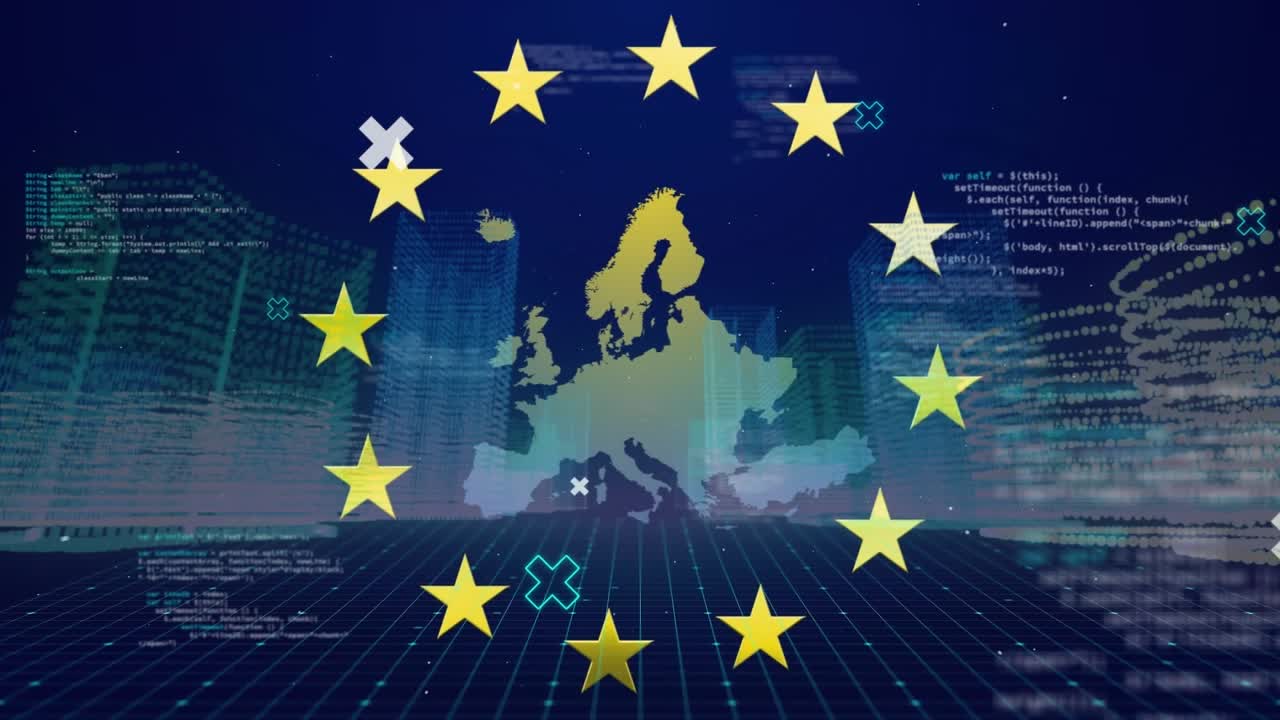 Animazione della bandiera dell'UE su elaborazione dati e mappa dell'Europa