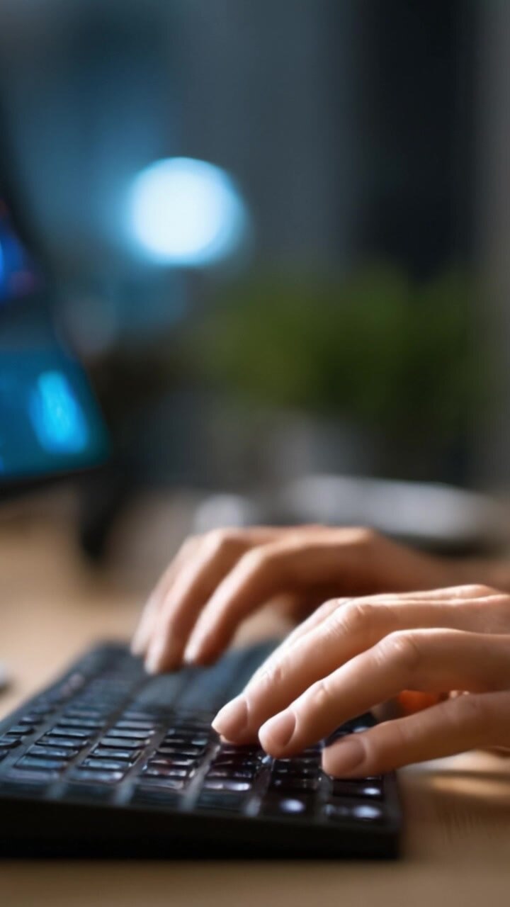 Nahaufnahme von Händen, die in einer schwach beleuchteten Umgebung auf einer Tastatur tippen, mit einem Computerbildschirm im Hintergrund, der digitale Arbeit und konzentrierte Aufmerksamkeit zeigt.
