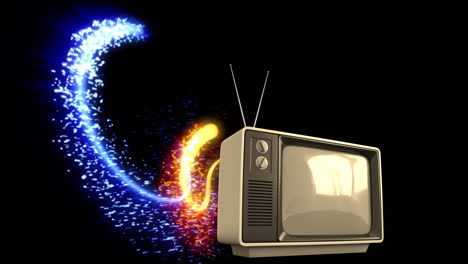 glowing blue and orange light trails surrounding retro television with animation