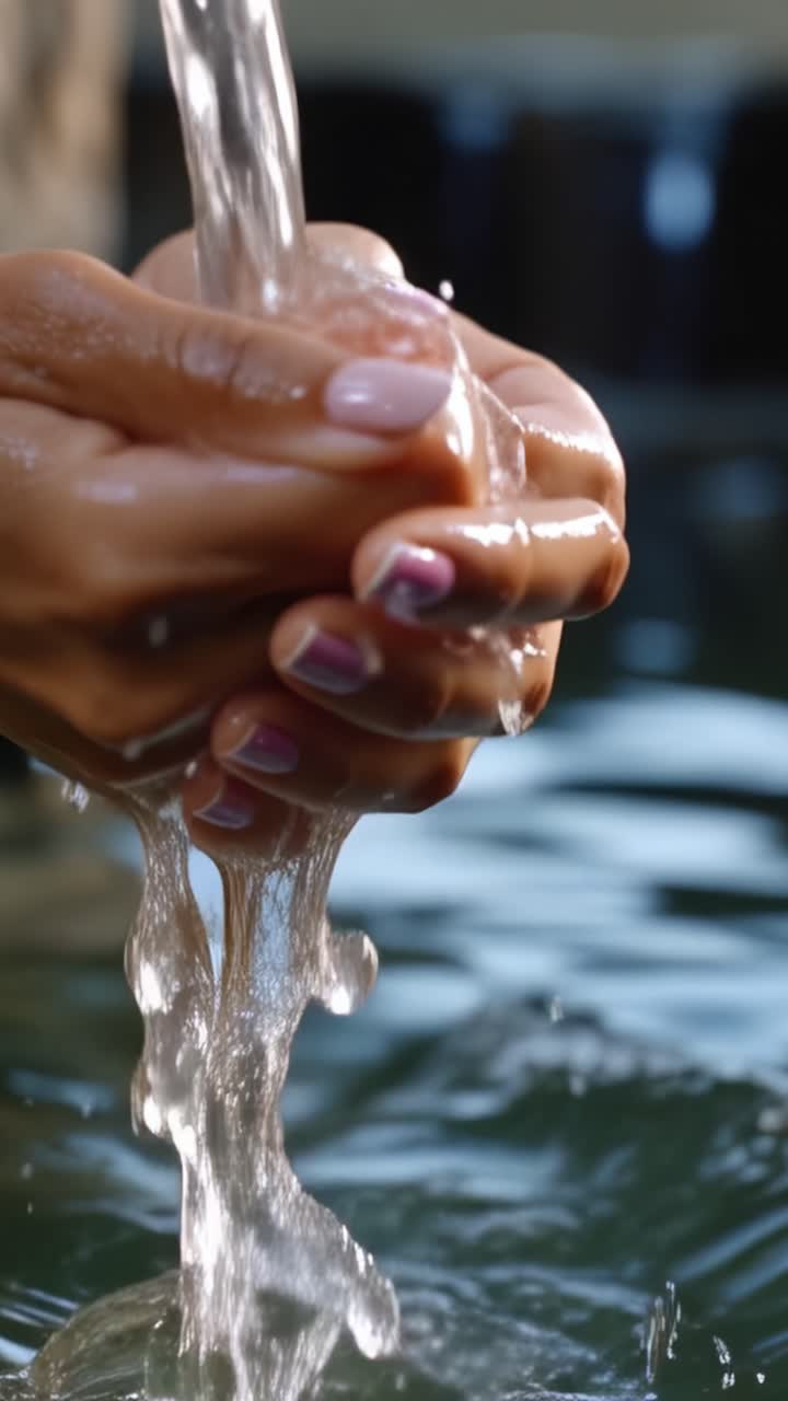 A Person's Hands Gently Interacting with Water, Showcasing the Beauty of Flowing Water and the Elegance of Hand Movements, Capturing Tranquility and Cleanliness