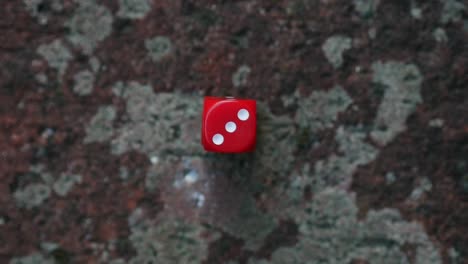 red dice showing three on a rocky surface
