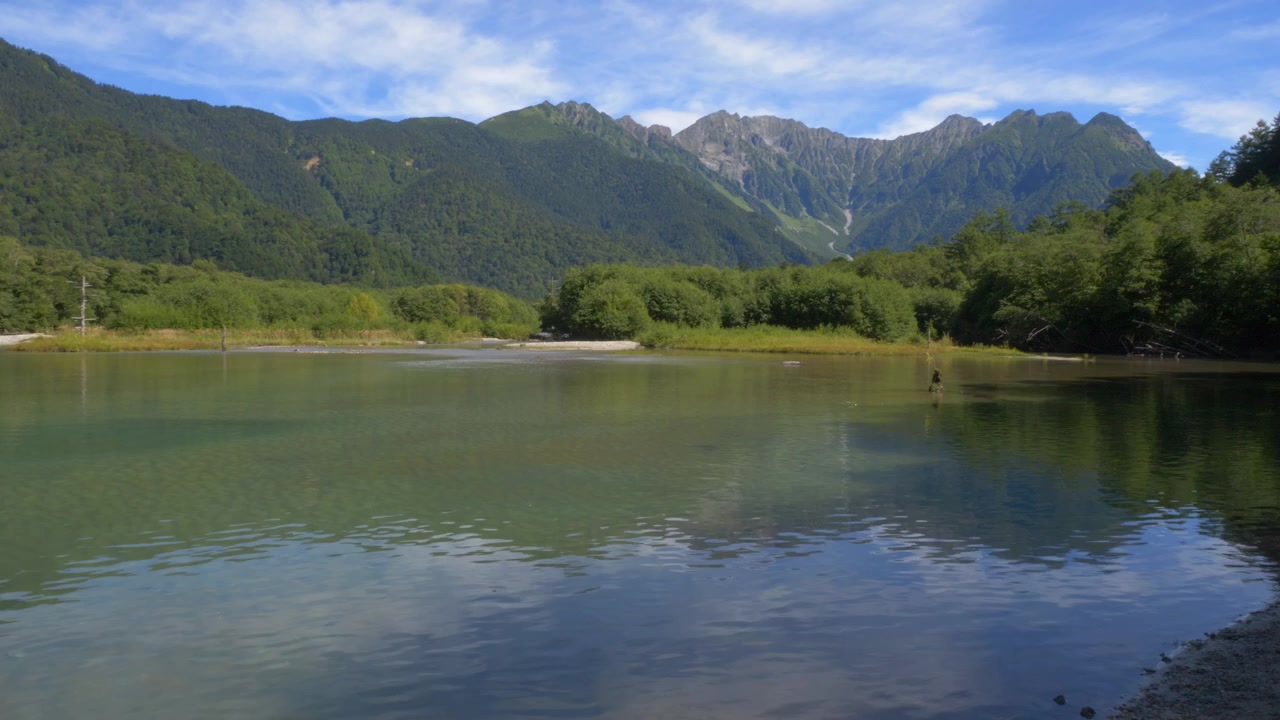 Tranquil Water Of Taisho Pond With Verdant Mountain In The Background In Kamikochi Valley, Matsumoto, Nagano, Japan. - wide shot