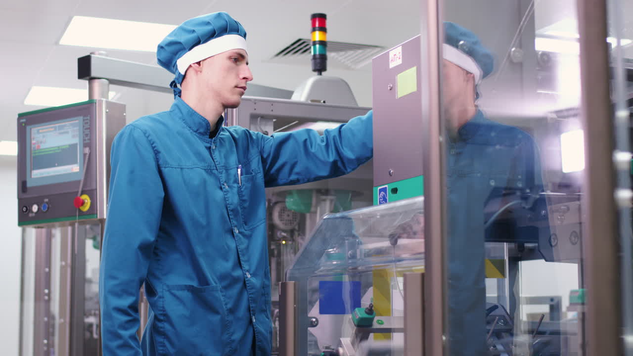 Male employee checking pharmaceutical machine. Factory worker control production