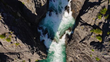 aerial view of turquoise river rapids in a rocky canyon